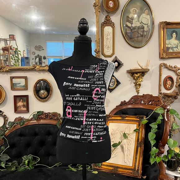 Y2K vintage japan Just Cavalli Logo Mesh Sleeve Top size s - Picture 1 of 5